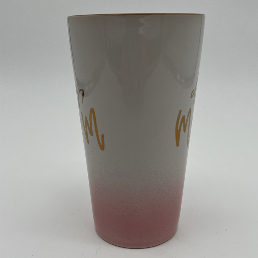 “Dog Mom” Pink and White Tall Coffee Mug with Gold Lettering and Paw Print - Picture 2 of 8